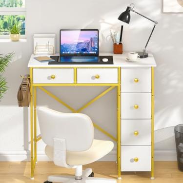 Imagem de 3IngSeagulls Pequena mesa de computador com 6 gavetas, mesa de trabalho de 81 cm para escritório em casa, mesa de escrita com armazenamento, mesa de estudo compacta para espaços pequenos, mesa de