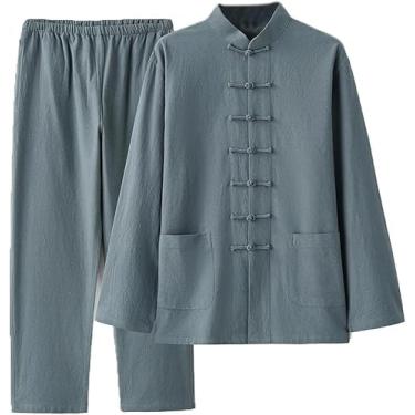 Imagem de Terno Tang Masculino Roupas Tradicionais Respirável Confortável Terno De Artes Marciais Kung Fu Uniforme Algodão Linho Tai Chi Roupas Calças De Manga Comprida, Green, （L-XL）