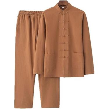 Imagem de Terno Tang Masculino Roupas Tradicionais Respirável Confortável Terno De Artes Marciais Kung Fu Uniforme Algodão Linho Tai Chi Roupas Calças De Manga Comprida, Brown, （XXL-3XL）