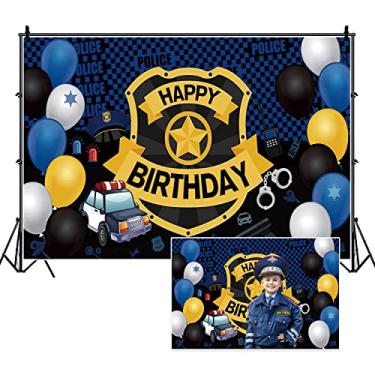 Imagem de DORCEV 2,7 x 1,8 m, cenário fotográfico de feliz aniversário, tema policial, meninos, 1º aniversário, banner, decoração de fundo, balões coloridos, retratos de crianças, bolo, mesa, banner, papel de