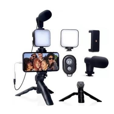 Imagem de Kit Youtuber Vlog Live – Tripé Ajustável + Suporte Universal para Celular + Iluminação LED + Microfone c/Controle Bluetooth