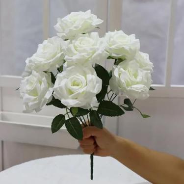 Imagem de Buquê de rosas de seda, flores artificiais para casa, casamento, área externa, arco, decoração faça você mesmo, mesa de festa, decoração floral do dia dos namorados (branco)