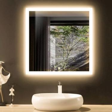 Imagem de Espelho Quadrado 70x70 Cm Borda Infinita Jateado Led Premium(led quente)