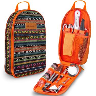 Imagem de Conjunto de utensílios de cozinha para acampamento com 11 peças, organizador de viagem, acessórios de churrasco, equipamento compacto portátil para mochilão, churrasco, acampamento, caminhada, viagem, kit de panelas resistente à água (laranja)