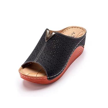 Imagem de Sandália de plataforma recortada feminina, couro PU, respirável, conforto, sandálias de cunha de boca de peixe, moda, antiderrapante, dedo do pé aberto, chinelos de praia, para o dia a dia(Black,37 EU