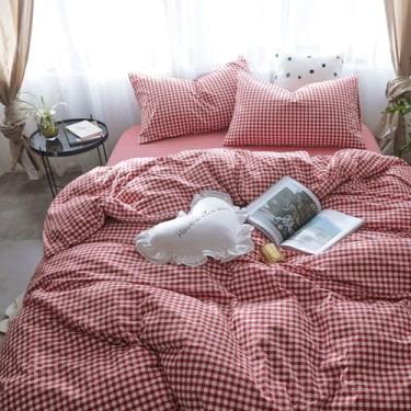 Imagem de mixinni Conjunto de edredom casal, xadrez vermelho, 3 peças, 1 edredom de grade vermelha com 2 fronhas para todas as estações, lençol macio e fofo com estampa de grade moderna, tamanho casal