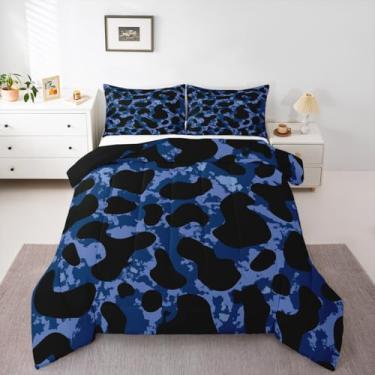 Imagem de Erosebridal Jogo de cama King com estampa de guepardo, azul-marinho, leopardo, azul escuro, grunge, arte abstrata, edredom acolchoado, tie dyed, conjunto de cama decorativos, 3 peças com 2 fronhas