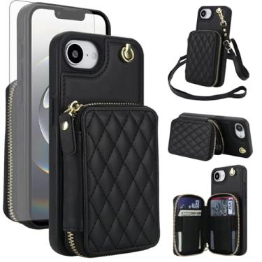 Imagem de Capa de celular para iPhone 16e/SE 2025/SE 4 carteira com protetor de tela de vidro temperado, alça de pulso com bloqueio de RFID, suporte para cartão i Phone16e i16e 16 e SE4 4ª geração 16eCase