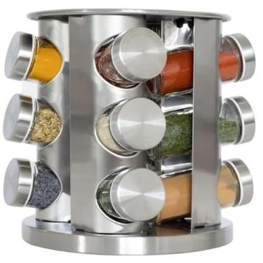 Imagem de Porta Temperos Condimento Giratorio Inox Escovado 12 Potes de Vidro - Kit Pratico Elegante ideal para Presentes Redondo