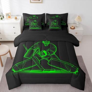 Imagem de Erosebridal Jogo de cama solteiro com 7 peças de taco de hóquei no gelo, silhueta de atleta, edredom com lençol de hóquei, verde e preto, para crianças, meninos, adultos e homens