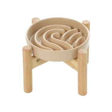 Imagem de BICOPET Alimentador lento para cães labirinto de cerâmica com aro de silicone antiderrapante (e suporte de bambu) – Tigela de grés resistente com padrão de quebra-cabeça para inchaço e prevenção de