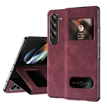 Imagem de HAOMRIYL Capa de couro para Samsung Galaxy Z Fold 7, Smart Small Screen View Flip Protection Cover Holder Kickstand Capa de corpo inteiro à prova de choque, vermelha, dobra 7