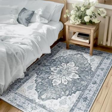 Imagem de RELEANY Tapetes De 3'X5' Laváveis, Antiderrapantes, Com Estampa Floral Vintage, Medalhão, Para Sala Estar, Quarto E Jantar, Cinza Claro, Branco