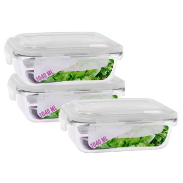 Imagem de Jogo 3 Potes Vidro Retangular Marmitas Tampa 4 Travas 1040ml