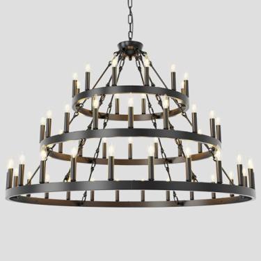 Imagem de Lustre de roda de vagão preto extra grande de 133 cm, luminária pendente de casa de fazenda de 3 níveis, lâmpada de roda de cavalo para sala de estar, sala de jantar, hall, varanda, escadas, entrada
