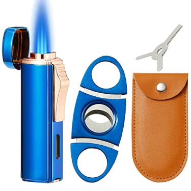 Imagem de Cortador de aço carbono 420 e tocha de butano de chama a jato, perfurador embutido, isqueiro à prova de vento recarregável, azul (vendido sem gás)