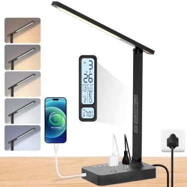 Imagem de Régua de linha com lâmpada de mesa LED: 2 tomadas, 1 porta USB-A 1 porta tipo C, 5 modos e cor. Lâmpada de mesa pequena de toque para cabeceira de quarto de escritório em casa, luz de leitura, itens