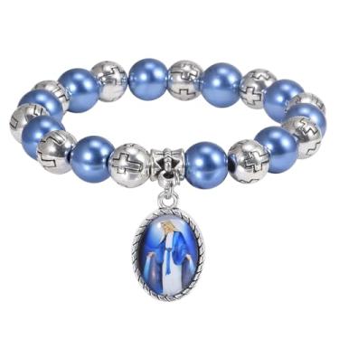 Imagem de Weyuley 1 pulseira de rosário azul com medalha milagrosa e crucifixo durável elegante joia de pulso para dia dos namorados pulseira de aniversário para mulheres