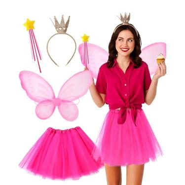 Imagem de Mepase 4 Pcs Halloween Pink-loving Women Costume Set Picture Book Pink Character Butterfly Fairy Wing Tutu Skirt Crown Hairband Star Shape Magic Wand for Favorite Book Character Day Reading Lovers