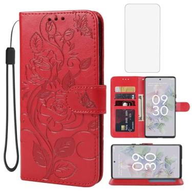 Imagem de Vavies Capa para Pixel 6A, capa carteira para Google 6A GB62Z com protetor de tela de vidro temperado, capa de telefone com suporte para cartão de crédito de couro floral para Google Pixel 6A vermelha