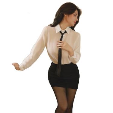 Imagem de SINGUYUN Lingerie feminina cosplay uniforme Secretário OL sexy fantasia de professor impertinente saia curta roupas de boate com meias (1042 branco preto)