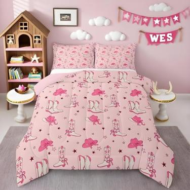 Imagem de Feelyou Conjunto de cama de cowboy ocidental macio para meninos e meninas, estilo cowboy rodeio, tamanho casal, rosa, bota, edredom de microfibra, decoração de quarto, 3 peças com 2 fronhas
