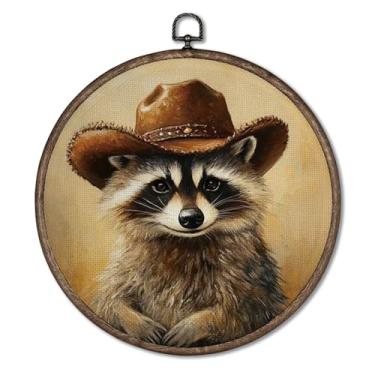 Imagem de Giosve Pôster emoldurado em tela redonda de guaxinim caubói ocidental, esculturas de parede engraçadas de panda de lixo para decoração de casa, quarto, sala de estar, presentes de guaxinim, 25 x 25 cm