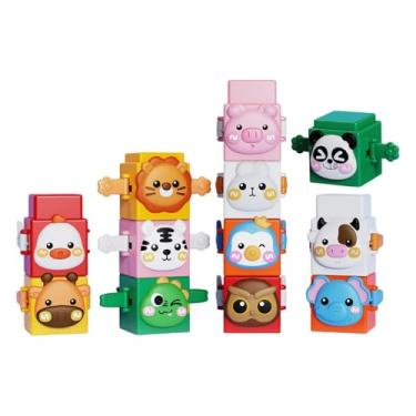 Imagem de Esquirla 12pcs empilhando brinquedos bloqueios Pressione Blocos de empilhamento de animais Classificando brinquedos sensoriais de cognição colorida por 1 2 3 4