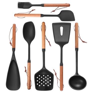 Imagem de ZFLYCANP Conjunto de 7 utensílios de cozinha de silicone, resistentes ao calor, com cabo de madeira, conjunto de espátula, utensílios de cozinha, panelas antiaderentes para cozinha