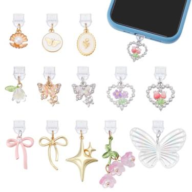 Imagem de PH PandaHall 13 pingentes para Kindle, pingentes de flores com arco de estrela de borboleta, compatível com Kindle e portas de carregamento de telefone tipo C, plugues de poeira, pingentes para