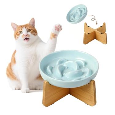 Imagem de Tigela de alimentação lenta elevada para gatos - Prato de comida de cerâmica para gatos com suporte de bambu antiderrapante - Tigela de alimentação adequada para bigodes - Prato de labirinto elevado
