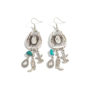 Imagem de Brincos de bota de chapéu de vaqueira ocidental prata para mulheres, turquesa, cacto, brincos de coração de estrela, boêmio, country dorp, brincos pendentes vintage, joias ocidentais, presente para