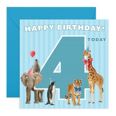 Imagem de CENTRAL 23 Cartão de aniversário infantil de 4 anos – "Animais do zoológico" – Cartão de felicitações fofo para amigos, crianças, neta, neta, sobrinho, meninos, meninas, ele, ela – 4 anos – Vem com