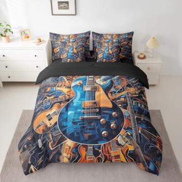 Imagem de Feelyou Jogo de cama solteiro com edredom de violão, para meninos e meninas, adolescentes, azul e marrom, 7 peças, microfibra leve e macia