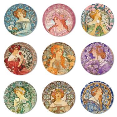 Imagem de ANATTASOUL Conjunto de 9 porta-copos vintage com padrão de flores e mulheres coloridas de madeira redondas para decoração de mesa de centro de mesa, porta-copos antiderrapantes de 9,88 cm para bar