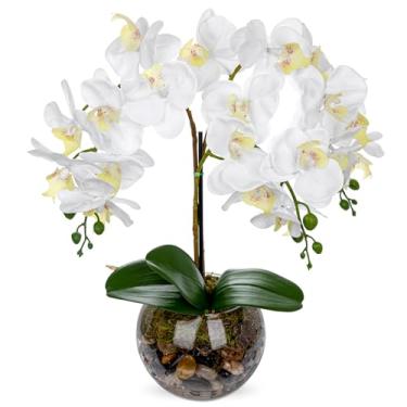 Imagem de Orquídeas brancas, flores artificiais, 42 cm, planta em vaso, arranjos de flores falsas com vasos de vidro, centros de mesa brancos para cozinha, sala de jantar, banheiro, mesa de cabeceira