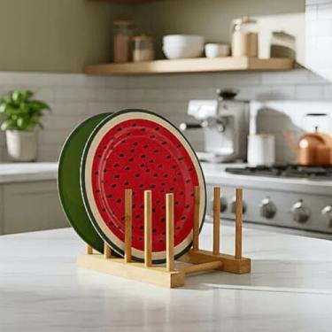 Imagem de Porta Prato Bambu para 4 Pratos Suporte 4 Divisórias Livros Tampa de Panela