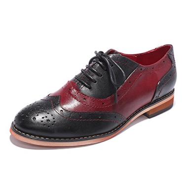 Imagem de Mona flying Sapato feminino de couro perfurado com cadarço Oxfords Brogue Wingtip Derby feminino, Preto e vermelho, 37 BR