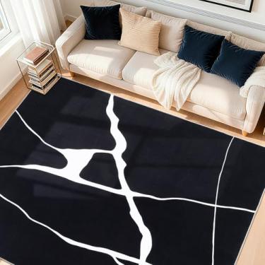 Imagem de YIHOUSE Tapete abstrato lavável 15 x 23, tapetes pretos antiderrapantes ultrafinos para sala de estar, tapetes modernos minimalistas com listras brancas para quarto, sala de jantar, escritório, sala