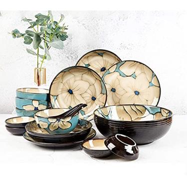 Imagem de Conjunto de louça pintada à mão tigela de arroz azul tigela de sopa prato de jantar prato de peixe combinação cerâmica serviço doméstico para 2 (tamanho: 6 peças) ()