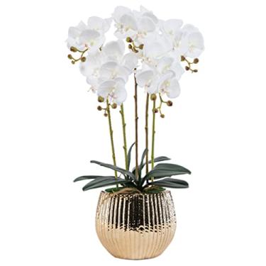 Imagem de DCYEQRQ Flores artificiais para decoração de orquídeas falsas, seda Phalaenopsis, arranjo de flores, flores artificiais de orquídea com vaso de cerâmica, mesa de jantar para festa de casamento, fluxo