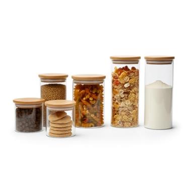 Imagem de Kit 6 Potes Herméticos Vidro e Tampa de Bambu Vidro Borossilicato Tampa De Bambu E Silicone Temperos Granola Cereais Condimentos 100% Livre De BPA - 2 peças 600ml + 2 peças 1L + 2 Peças 1,5L (6)