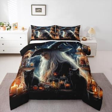 Imagem de Erosebridal Conjunto de edredom infantil de bruxa gótica, gato, preto, para quarto de meninos e meninas, conjunto de edredom com tema de terror com 3 peças