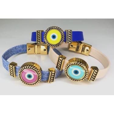 Imagem de Pulseira Olho Grego Colorida - Pano da Sorte, Couro, Azul, TAM: 20CM