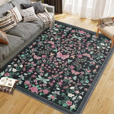 Imagem de GarveeHome Tapetes laváveis à máquina para sala de estar, tapete com estampa floral para quarto, tapete contemporâneo, tapete grande resistente a manchas para sala de jantar, sala de jogos, decoração