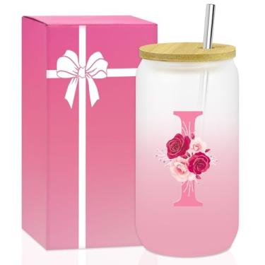Imagem de AiHeart Presentes personalizados para mulheres, copo de vidro inicial com tampa e canudo, caneca de café gelado, copo de cerveja de smoothie, copo de vidro de 473 ml com tampa e canudo, presentes de