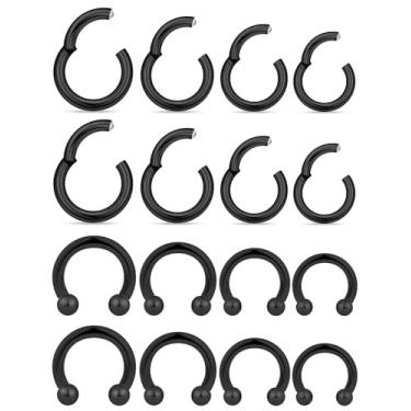 Imagem de Kridzisw Anéis de nariz pretos 18G para mulheres e homens, aço inoxidável cirúrgico, hipoalergênico, articulado, septo, narina, lábios, clicker, cartilagem, hélice, tragus, daith, torre, concha