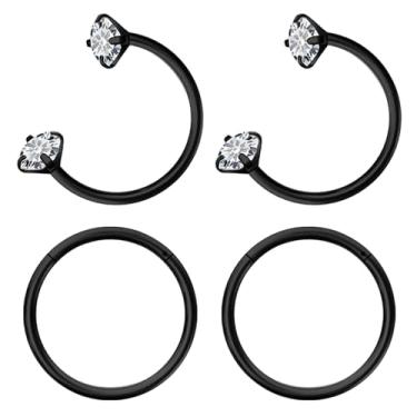 Imagem de Hoeudjo Anel de nariz em ferradura 18 g de aço cirúrgico com dobradiças para mulheres brinco de meia argola sapato de cavalo Daith Clicker Tragus brinco argola hélice piercing joia dupla 4 peças
