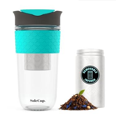 Imagem de SoleCup. Caneca de viagem grande infusor de chá solto - coador de chá removível com tampa à prova de derramamento - 530 ml sem BPA copo de café de viagem de vidro reutilizável com faixa de silicone