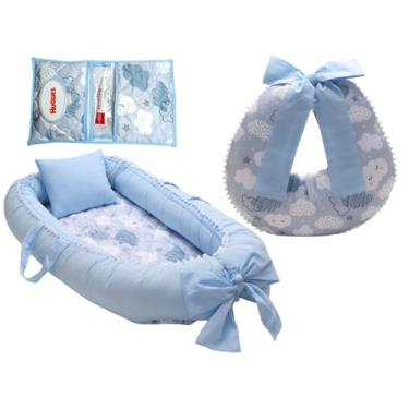 Imagem de Kit Almofada de Amamentação + Ninho Redutor de Berço + Porta Fralda e Lenço Menino (Nuvem azul)
